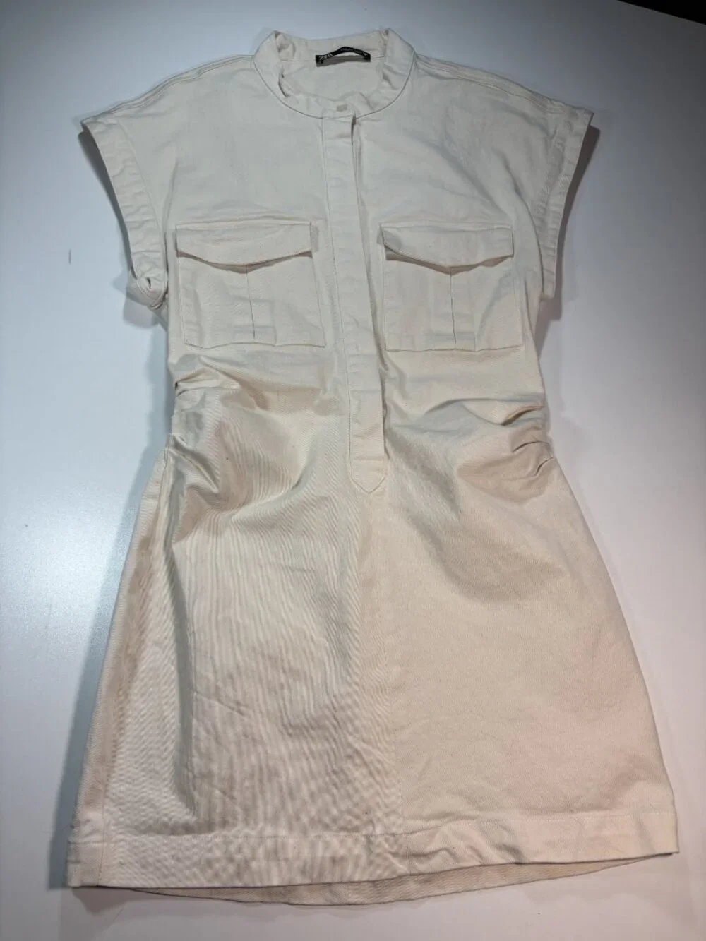 Zara cream utility mini dress ruched waist safari style cotton dress - Picture 1 of 9